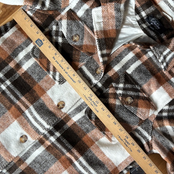 CoffeeShop New York Plaid Shirt Jacket Shacket Brown Neutral Button Front Large - Picture 7 of 8